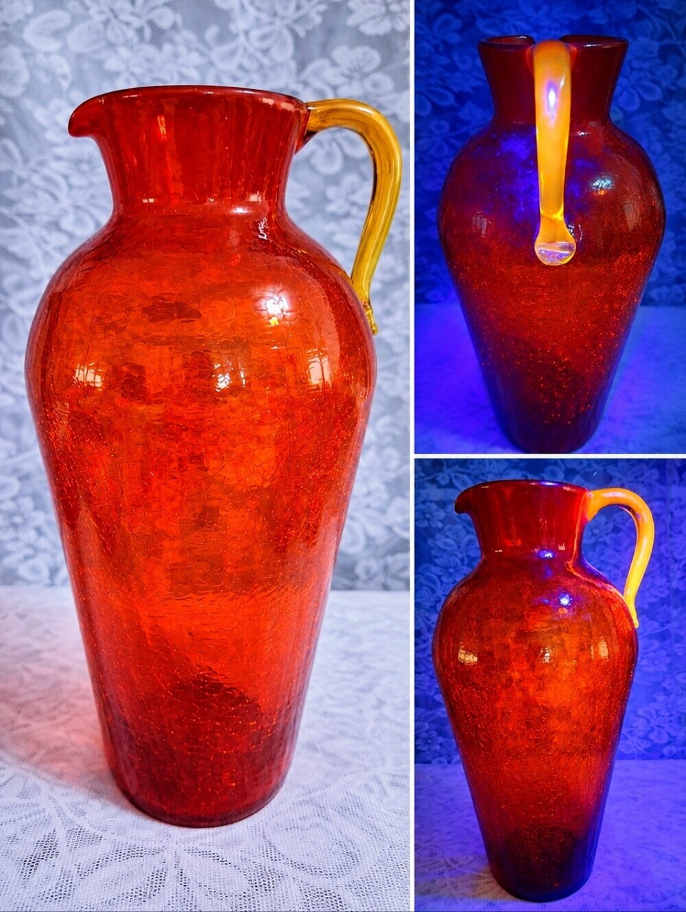 Vintage Large Pilgrim Tangerine Orange Crackle Glass Pitcher Ewer 13” UV React